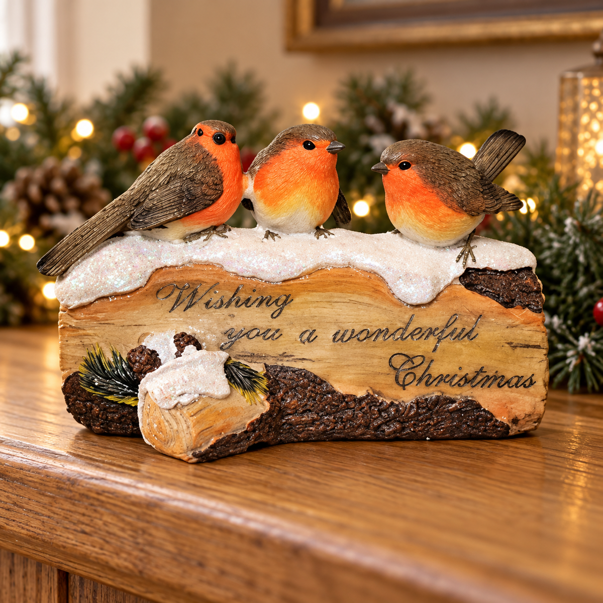 Robins on Log Christmas Ornament – 19 cm