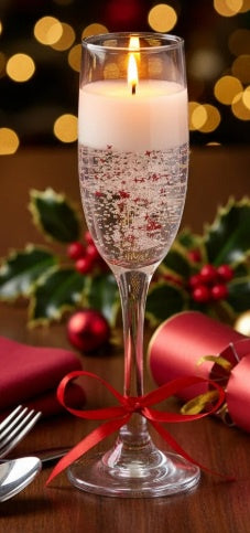 22cm Champagne Glass Gel Candle with Red Star Glitter