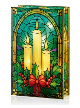 Premier Candles & Holly Illuminated Stained Glass Effect Decoration, 21 cm