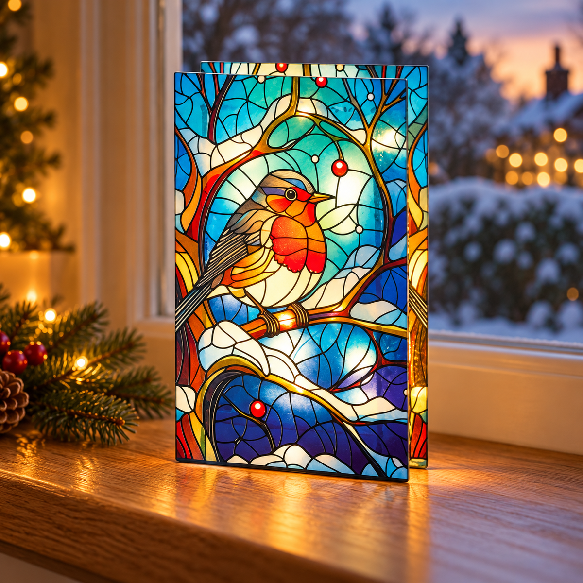 Illuminated Stained-Glass Robin Decoration