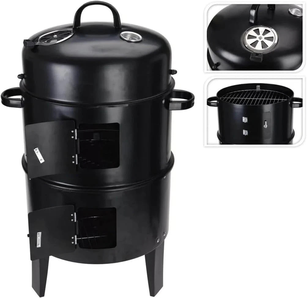 3 in 1 BBQ Charcoal Grill Barbecue Smoker & Hangers Outdoor Cooker