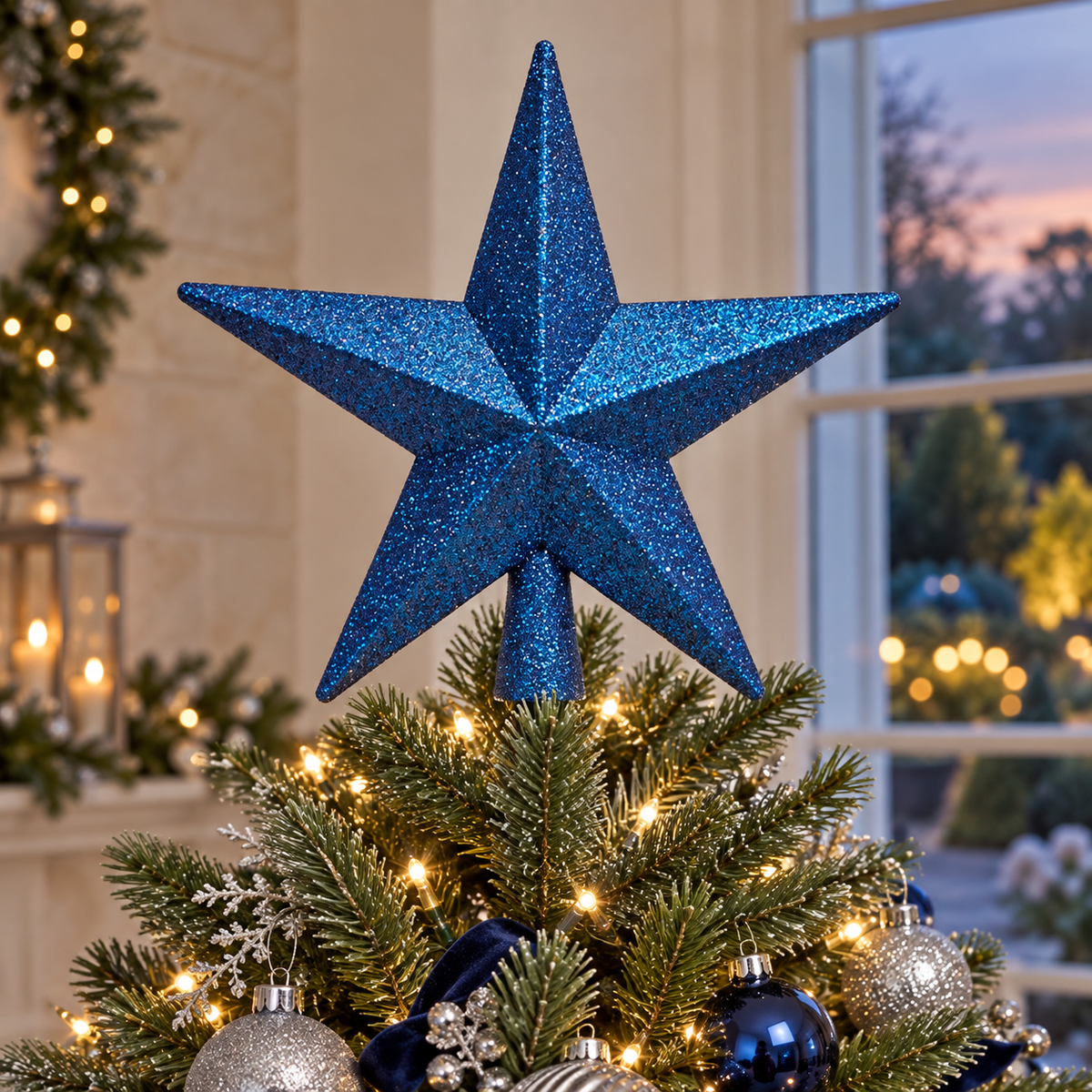 Midnight Blue Glitter Star Tree Topper, 20cm