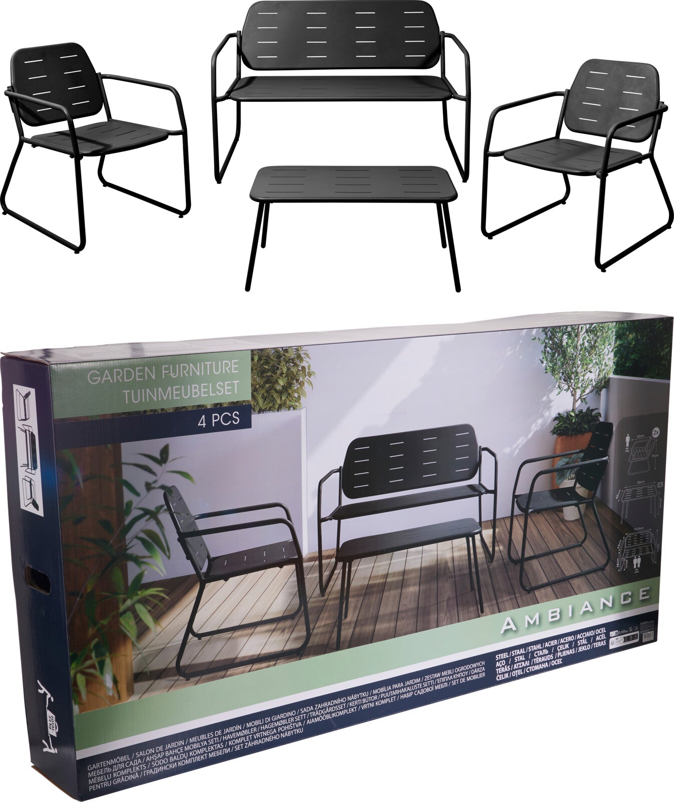4 Seater Metal Garden Sofa Set Matt Black