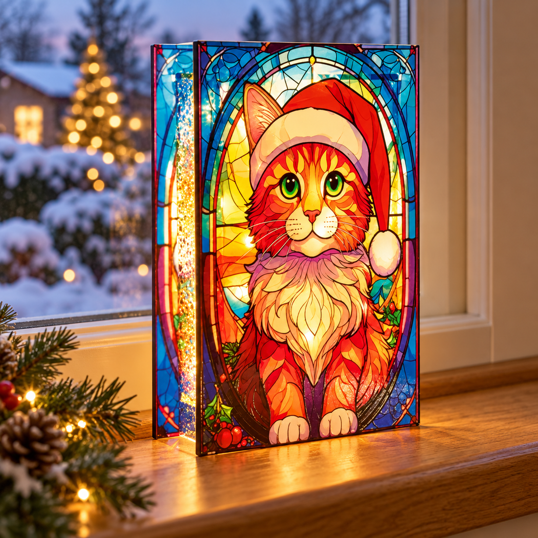Illuminated Stained-Glass Cat Decoration