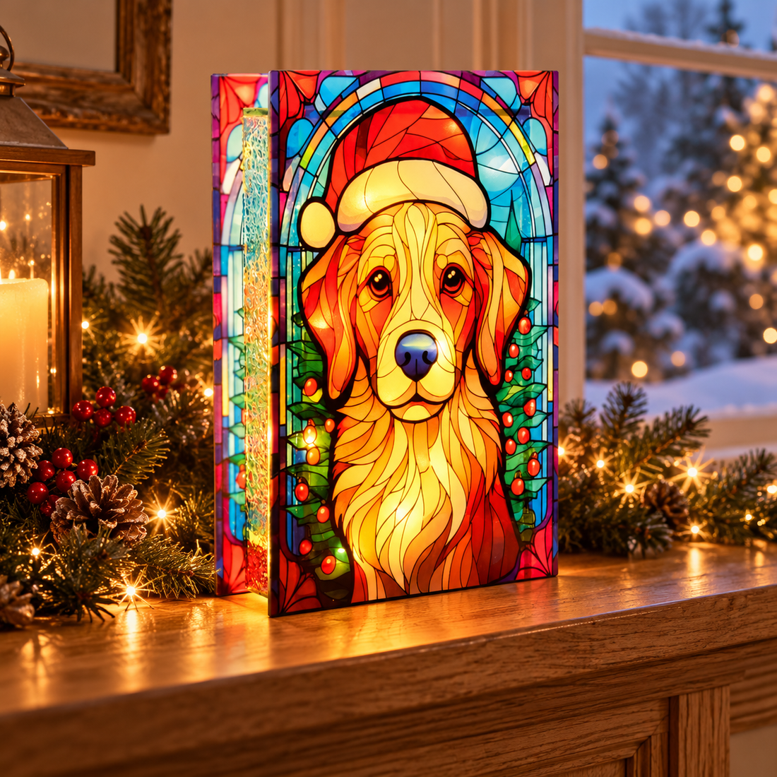 Golden Retriever Stained Glass LED Christmas Decoration, 21cm