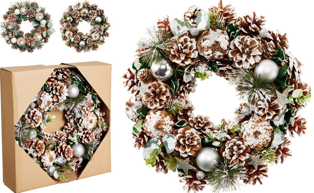 WREATH PINECONES 34CM 2ASS CLR*
