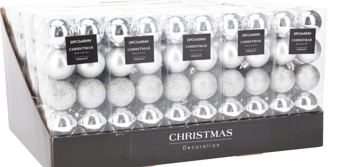 XMAS BALL 20X 40MM SILVER