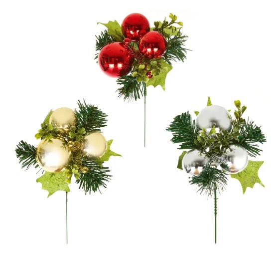 18cm Ball Christmas Picks 3 Asst Gold - Red - Silver