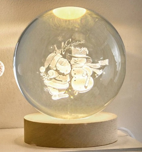 10cm USB Lit 3D Etched Glass Ball with Santa and Snowman Scene and Warm White LED