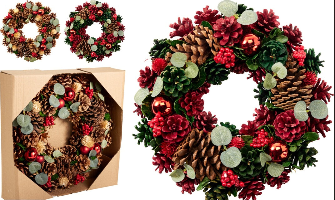 WREATH PINECONES 34CM 2ASS CLR