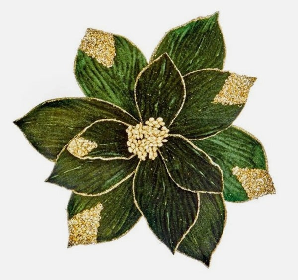 29cm Green Velvet Poinsettia with Gold Sequins Clip On