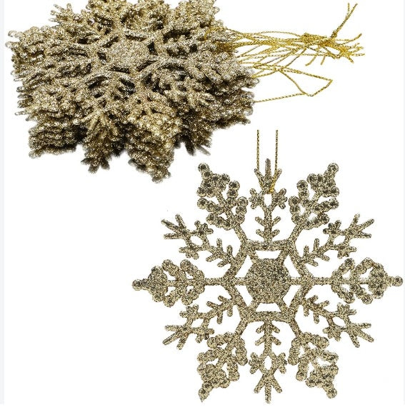 Set of 10 Glitter Snowflakes Hanging Dec 2 Asst Gold - Silver 10cm