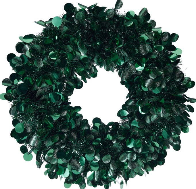 Dark Green Tinsel Christmas Wreath, 46cm
