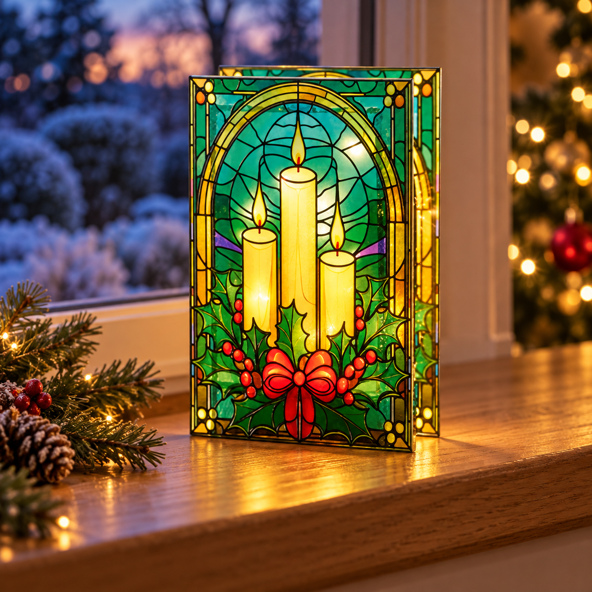 Premier Candles &amp; Holly Illuminated Stained Glass Effect Decoration, 21 cm