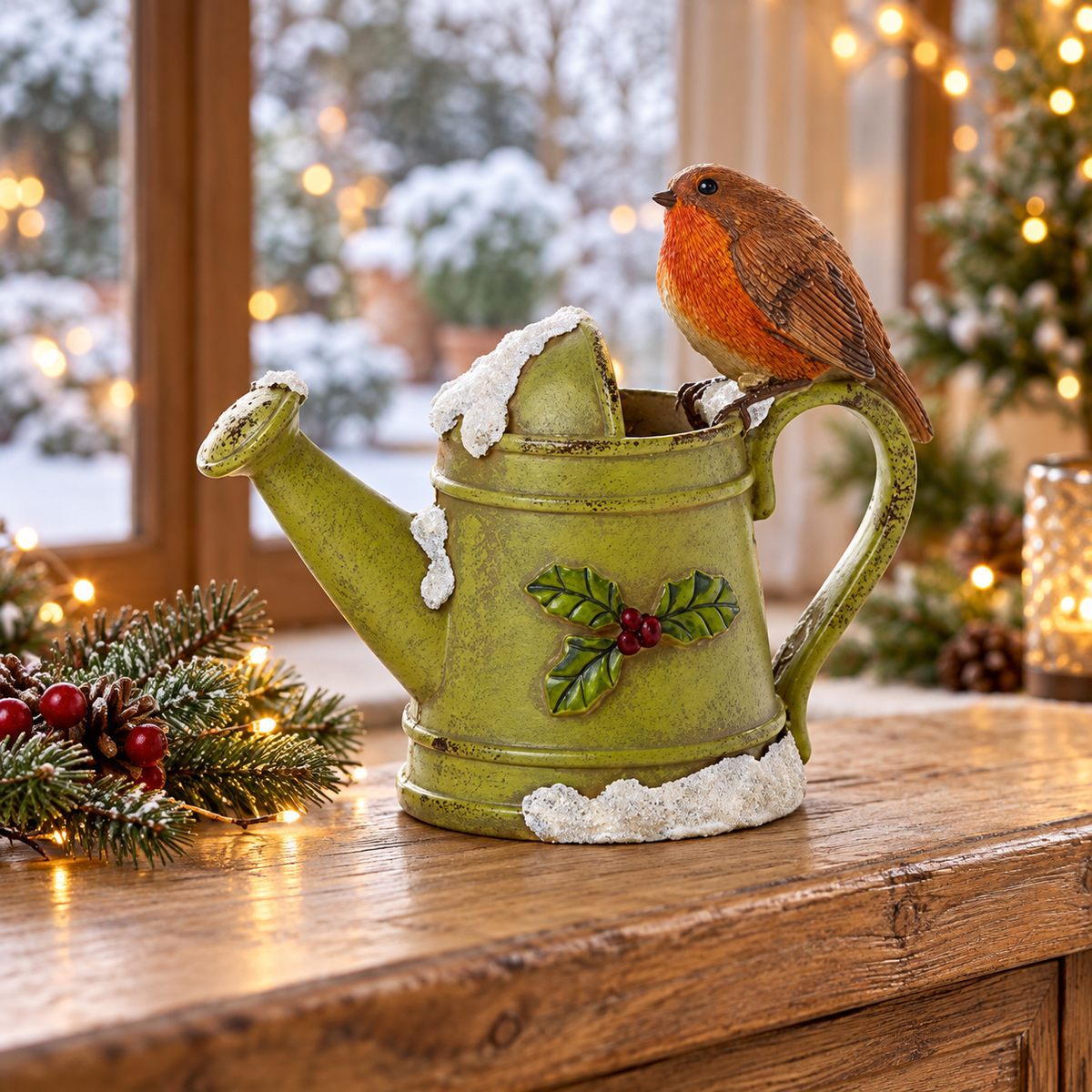 Robin on Watering Can Ornament, 17cm