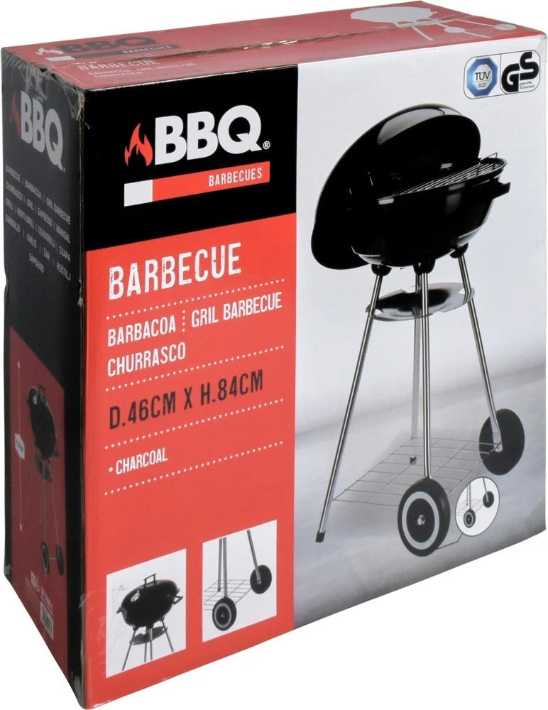 BBQ Barbecue Kettle Charcoal Grill, Black, 46cm Diameter, Enamelled Lid, Tripod