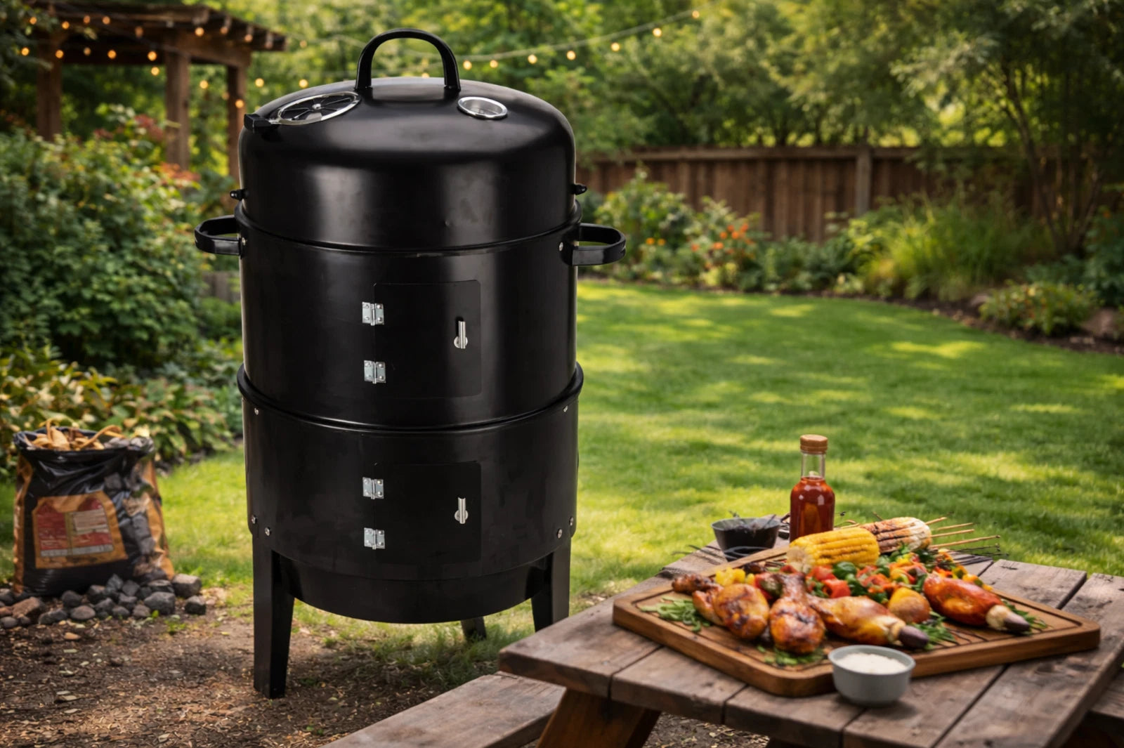 3 in 1 BBQ Charcoal Grill Barbecue Smoker &amp; Hangers Outdoor Cooker