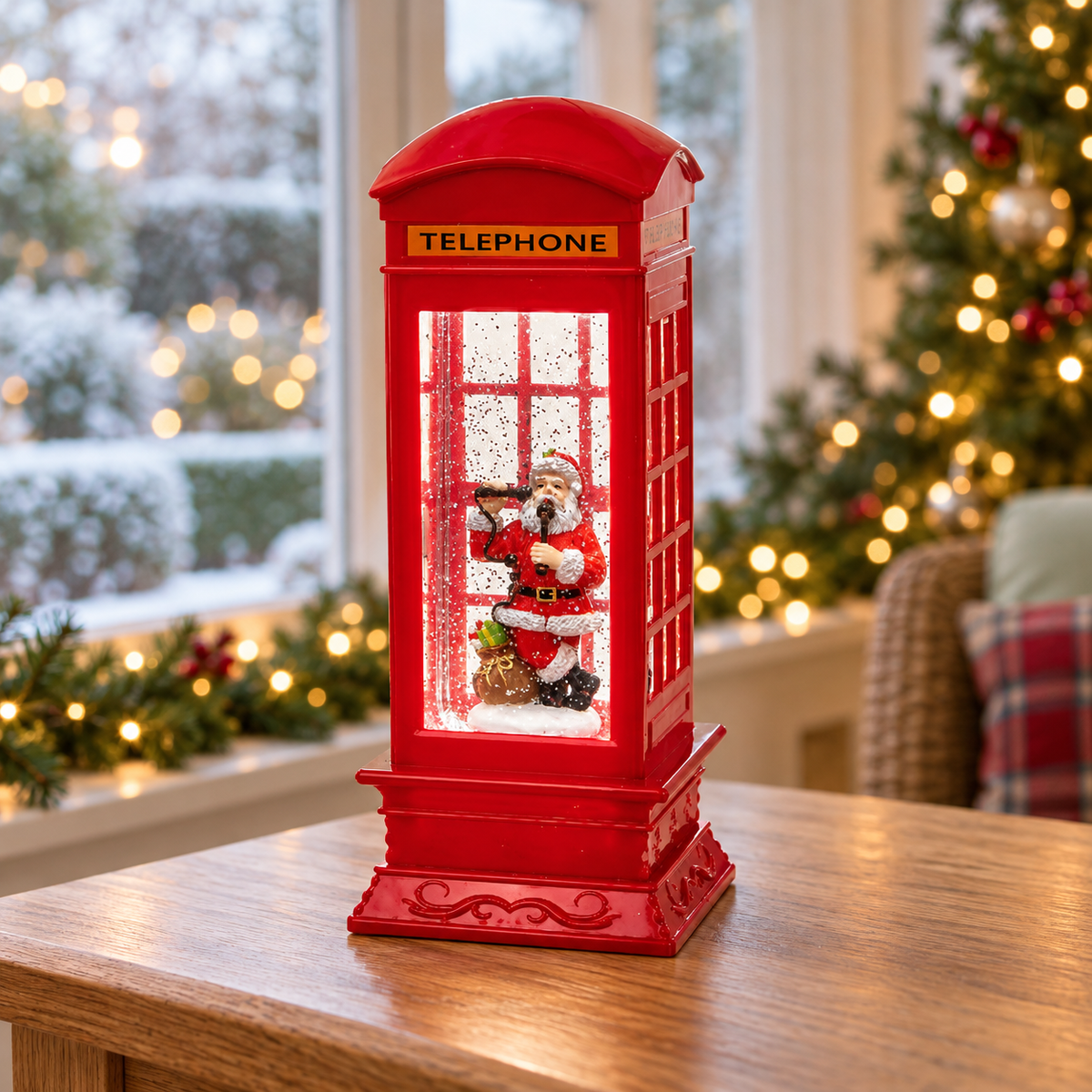 Telephone Box Glitter Water Spinner with White LEDs, 27cm